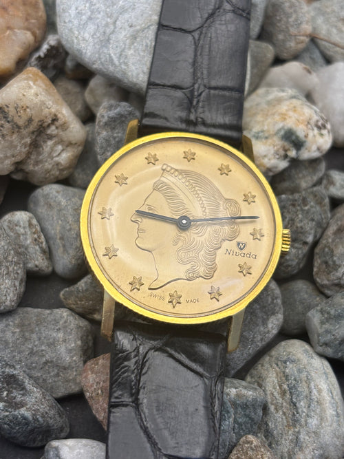 1960s Nivada Lady Liberty Coin Manual Wind Watch