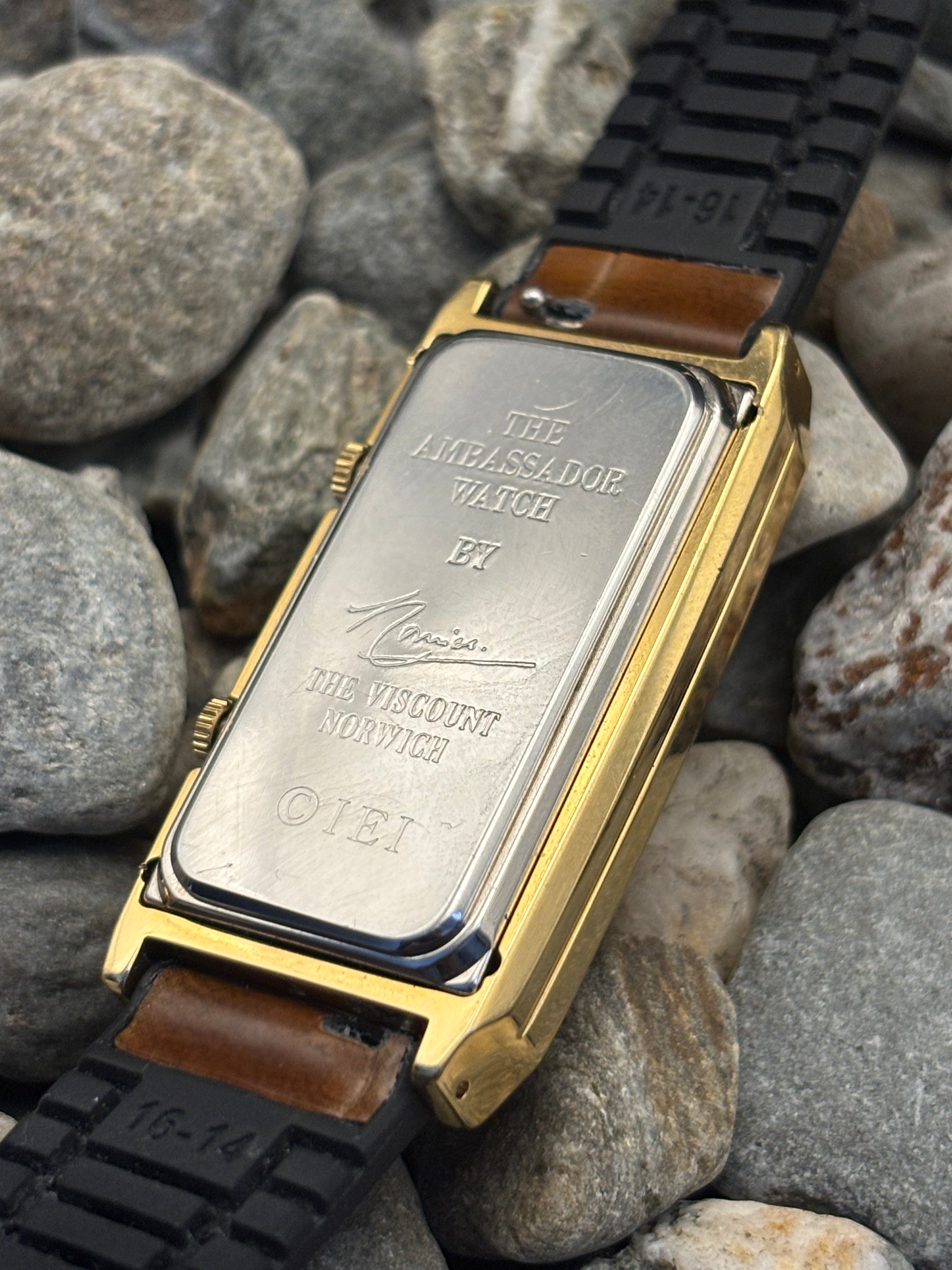 1990s The Ambassador Swiss Made Triple Movement Tank Watch by The Visccount Norwich