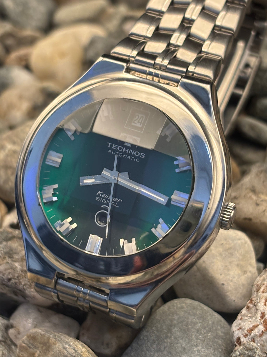 1970s Technos Kaiser Signal Emerald Green Dial Watch
